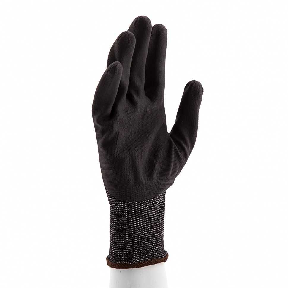 Перчатки трикотажные с черным полиуретановым покрытием, размер L, 15 класс вязки Сибртех Средства защиты рук фото, изображение