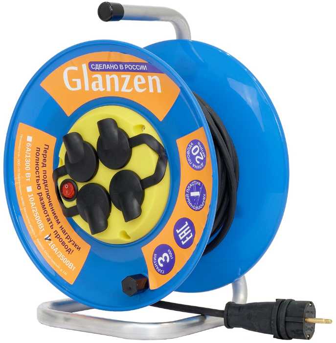 Удлинитель силовой на катушке GLANZEN с выкл. 4 гн. КГ 3х1,5 IP44 арт. EB-40-009  Удлинители, сетевые фильтры, разветвители фото, изображение